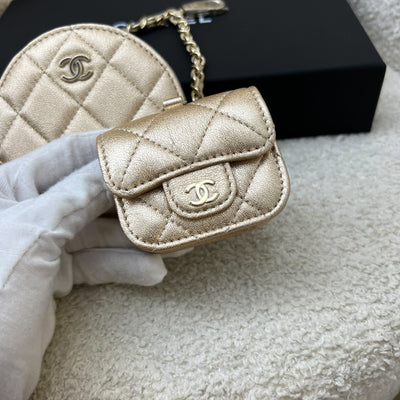 Chanel 2024 VIP Gift Round Pouch and Airpods Holder Bag Charm in Metallic Gold Lambskin and LGHW