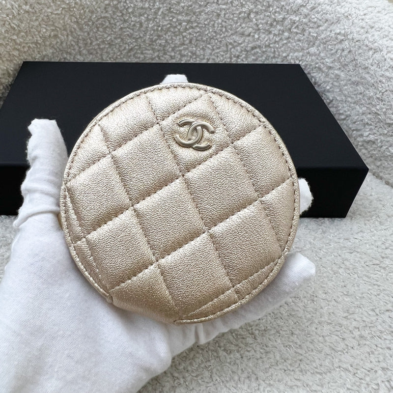 Chanel 2024 VIP Gift Round Pouch and Airpods Holder Bag Charm in Metallic Gold Lambskin and LGHW