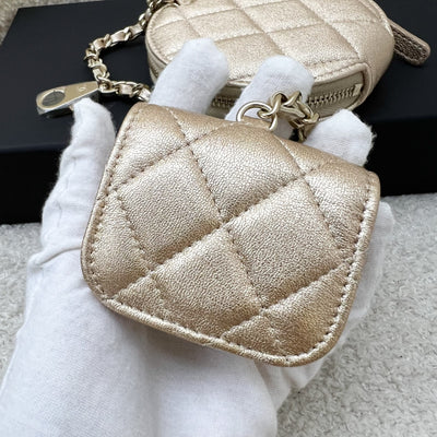 Chanel 2024 VIP Gift Round Pouch and Airpods Holder Bag Charm in Metallic Gold Lambskin and LGHW