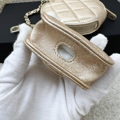 Chanel 2024 VIP Gift Round Pouch and Airpods Holder Bag Charm in Metallic Gold Lambskin and LGHW