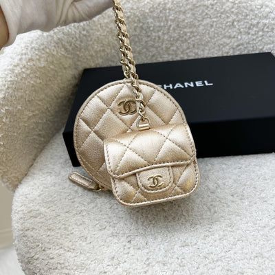 Chanel 2024 VIP Gift Round Pouch and Airpods Holder Bag Charm in Metallic Gold Lambskin and LGHW