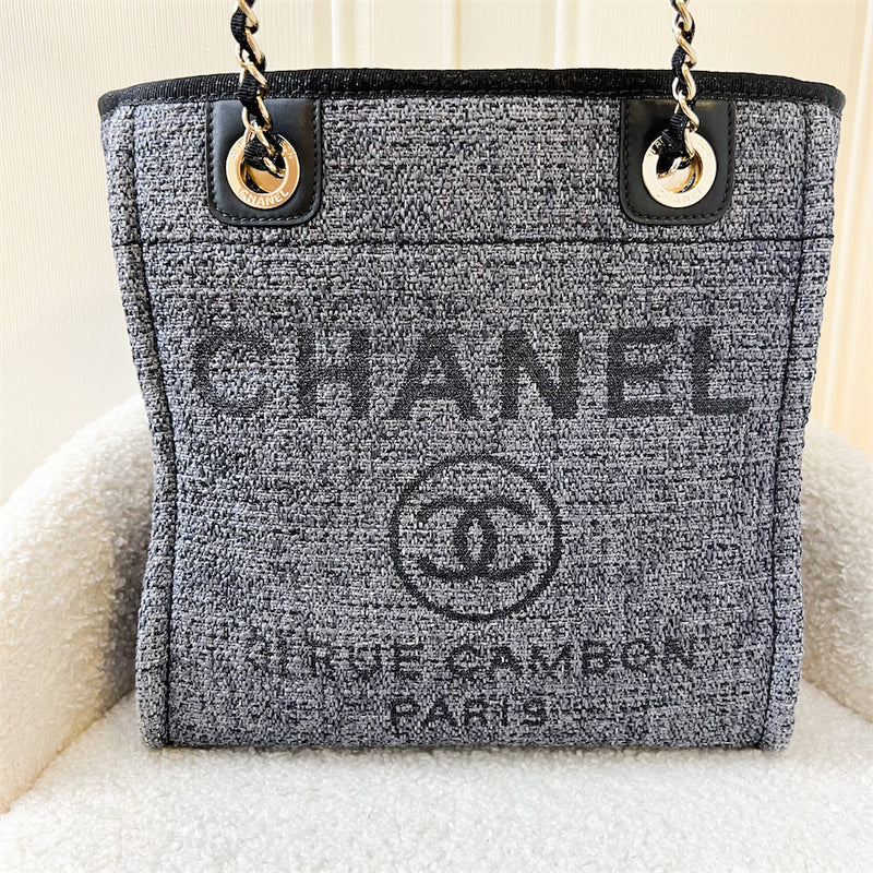 Chanel Small Deauville Tote In Navy Fabric, Glittery Gold Threading and LGHW