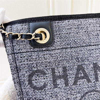 Chanel Small Deauville Tote In Navy Fabric, Glittery Gold Threading and LGHW