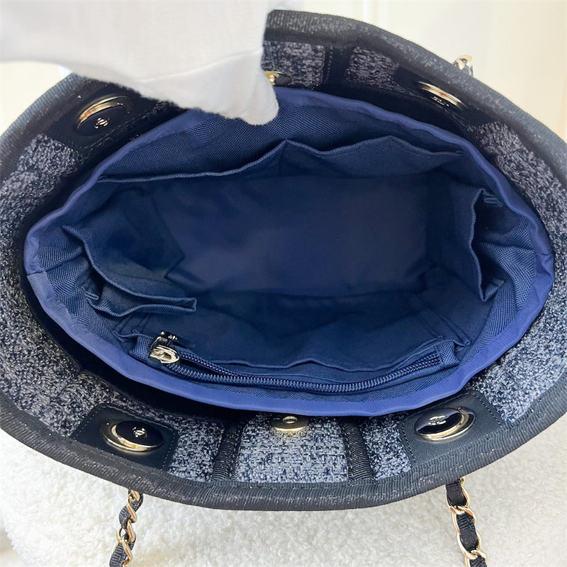 Chanel Small Deauville Tote In Navy Fabric, Glittery Gold Threading and LGHW