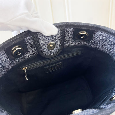 Chanel Small Deauville Tote In Navy Fabric, Glittery Gold Threading and LGHW