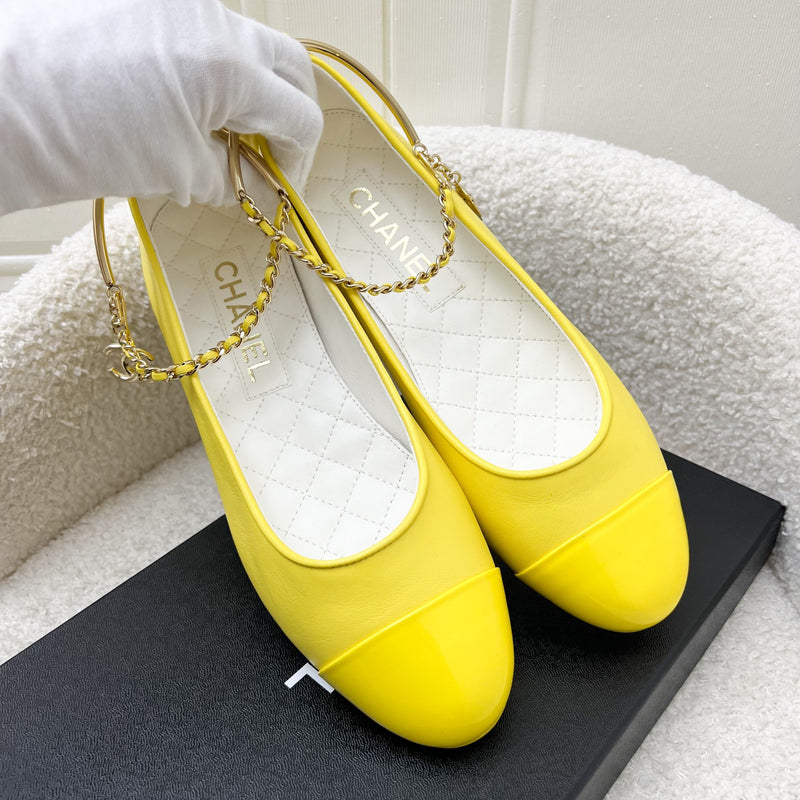 Chanel Ballerina Pumps in Yellow Lambskin and Patent Leather with Camilia Dangling Charm Sz37