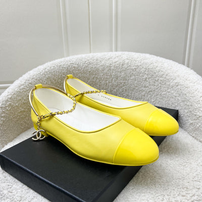 Chanel Ballerina Pumps in Yellow Lambskin and Patent Leather with Camilia Dangling Charm Sz37