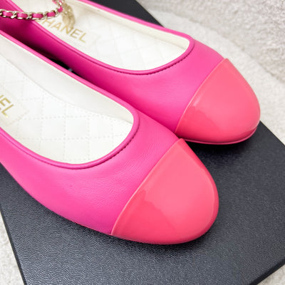 Chanel Ballerina Pumps in Hot Pink Lambskin and Patent Leather with Chanel Logo Dangling Charm Sz 36