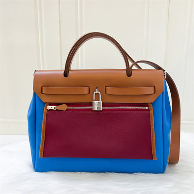 Hermes Herbag 31 Retourne in Bleu / Rouge Canvas, Naturel Leather and PHW