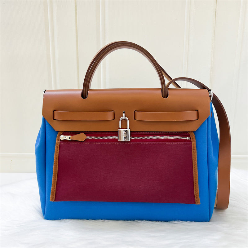 Hermes Herbag 31 Retourne in Bleu / Rouge Canvas, Naturel Leather and PHW