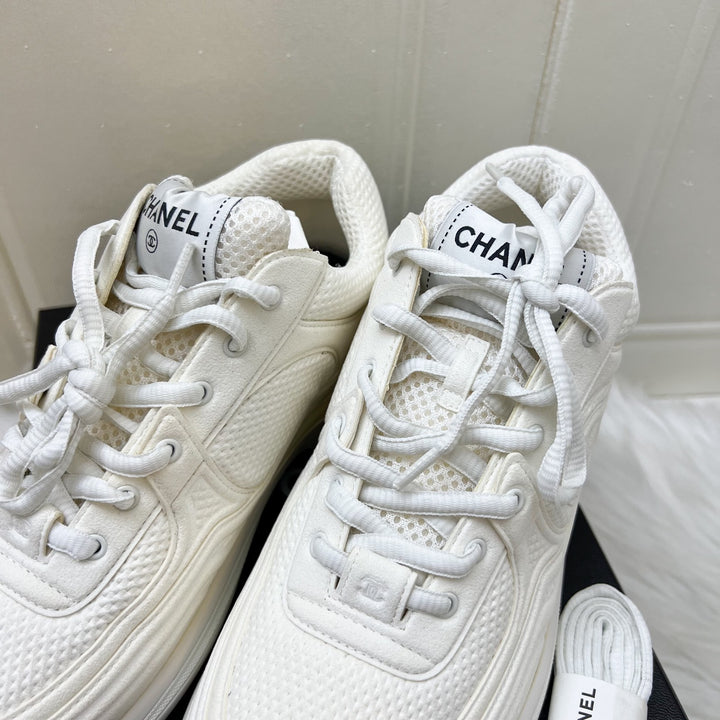 Chanel 24S Sneakers in White Fabric and Leather Sz 37.5 (Model