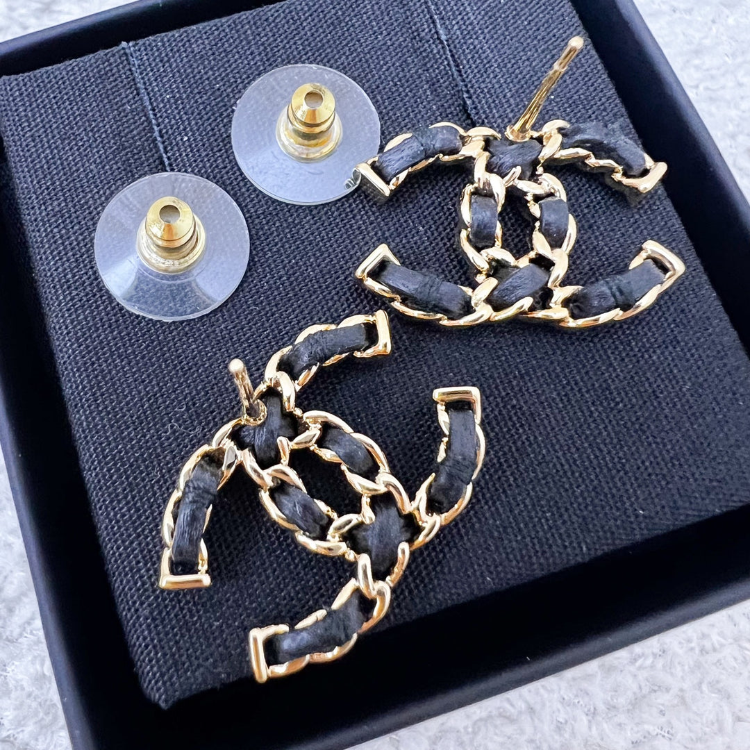 Chanel 26P CC Logo Earrings with Black Interwoven Leather 