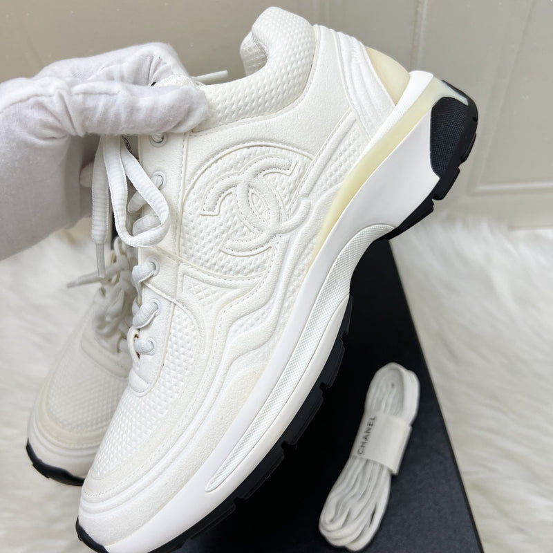 Chanel 24S Sneakers in White Fabric and Leather Sz 37.5 (Model: G45077)