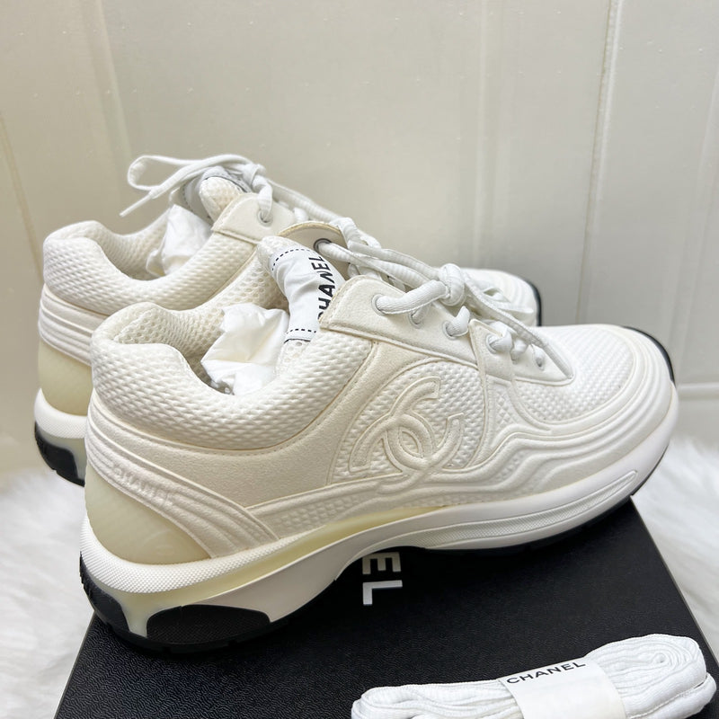 Chanel 24S Sneakers in White Fabric and Leather Sz 37.5 (Model: G45077)