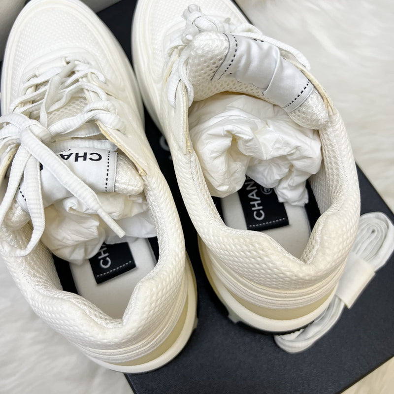 Chanel 24S Sneakers in White Fabric and Leather Sz 37.5 (Model: G45077)
