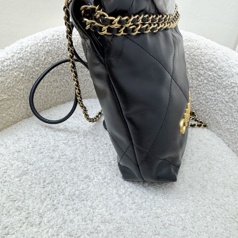 Chanel 22 Mini Hobo Handbag in Black Shiny Calfskin and AGHW