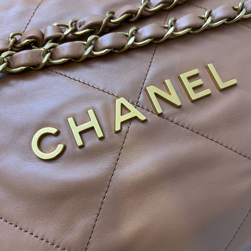 Chanel 22 Small Hobo Handbag in 23C Caramel Shiny Calfskin and AGHW