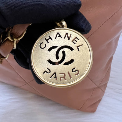 Chanel 22 Small Hobo Handbag in 23C Caramel Shiny Calfskin and AGHW