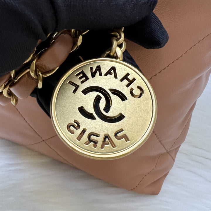 Chanel 22 Small Hobo Handbag in 23C Caramel Shiny Calfskin and