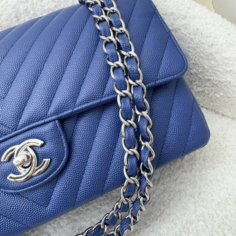 Chanel Medium Classic Flap CF in Chevron Quilted Blue Caviar and SHW