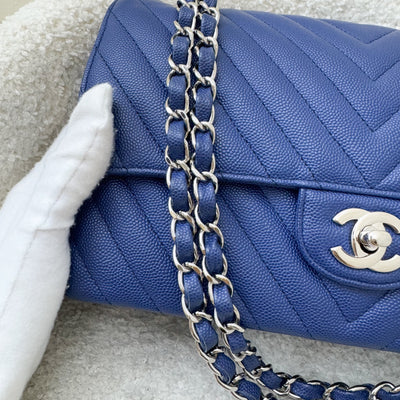 Chanel Medium Classic Flap CF in Chevron Quilted Blue Caviar and SHW