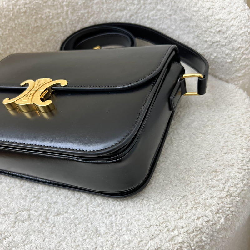 Celine Classique Triomphe Flap Bag in Noir Black Shiny Calfskin and GHW (Model: 187363BF4)