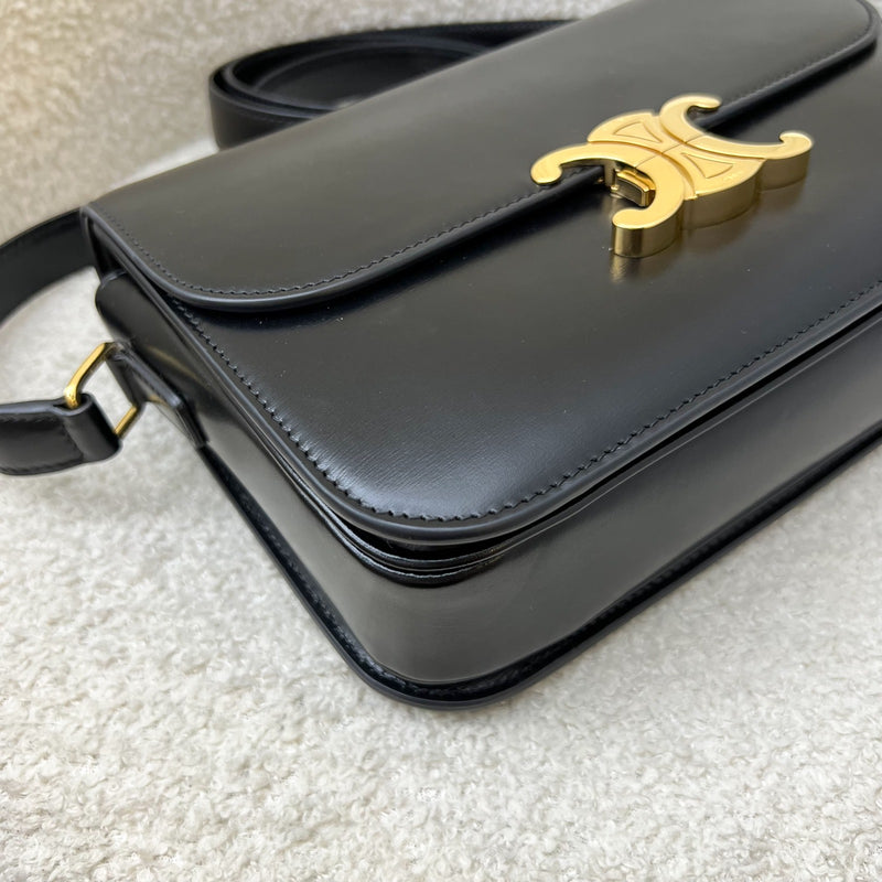 Celine Classique Triomphe Flap Bag in Noir Black Shiny Calfskin and GHW (Model: 187363BF4)