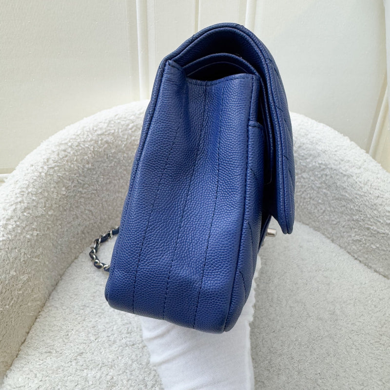 Chanel Medium Classic Flap CF in Chevron Quilted Blue Caviar and SHW