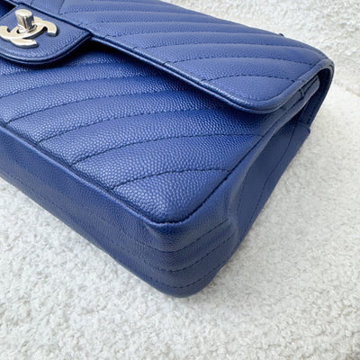 Chanel Medium Classic Flap CF in Chevron Quilted Blue Caviar and SHW