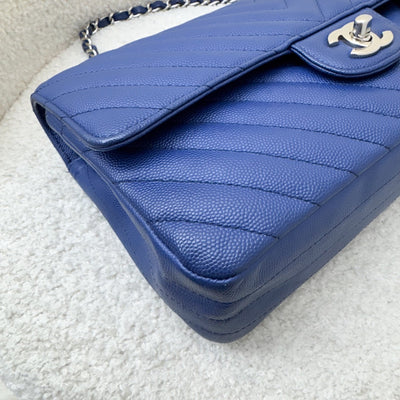 Chanel Medium Classic Flap CF in Chevron Quilted Blue Caviar and SHW