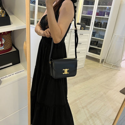 Celine Classique Triomphe Flap Bag in Noir Black Shiny Calfskin and GHW (Model: 187363BF4)