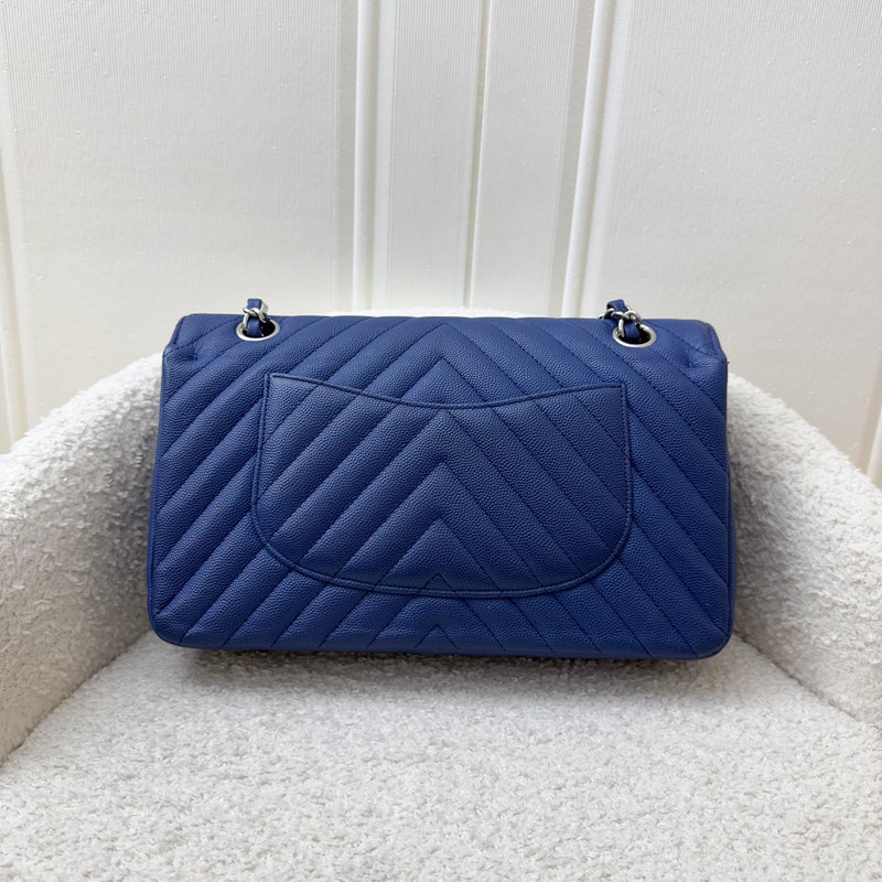 Chanel Medium Classic Flap CF in Chevron Quilted Blue Caviar and SHW