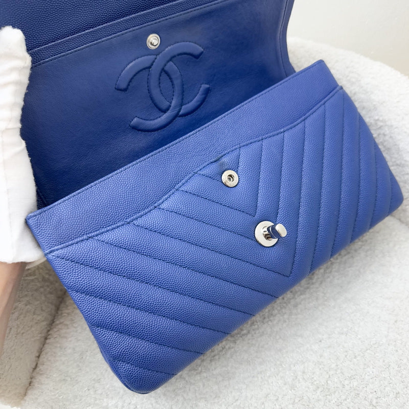 Chanel Medium Classic Flap CF in Chevron Quilted Blue Caviar and SHW