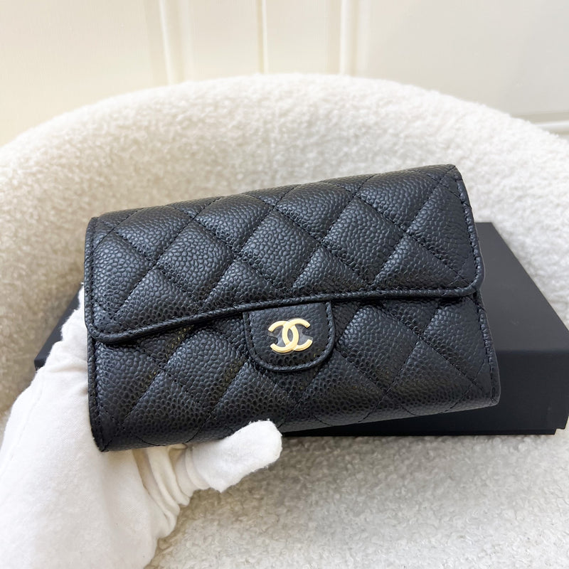 Chanel Classic Medium Trifold Wallet in Black Caviar LGHW