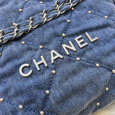 Chanel 22 Small Hobo Bag in 24S Studded Washed Denim and SHW (Model: AS3260)