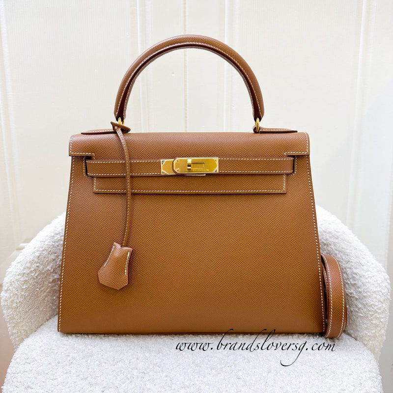 Hermes Vintage Kelly 28 Sellier in Gold Courcheval / Epsom Leather and GHW