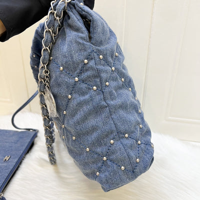 Chanel 22 Small Hobo Bag in 24S Studded Washed Denim and SHW (Model: AS3260)