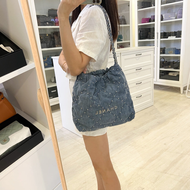 Chanel 22 Small Hobo Bag in 24S Studded Washed Denim and SHW (Model: AS3260)