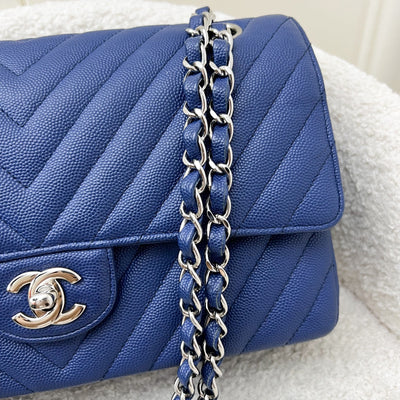 Chanel Medium Classic Flap CF in Chevron Quilted Blue Caviar and SHW