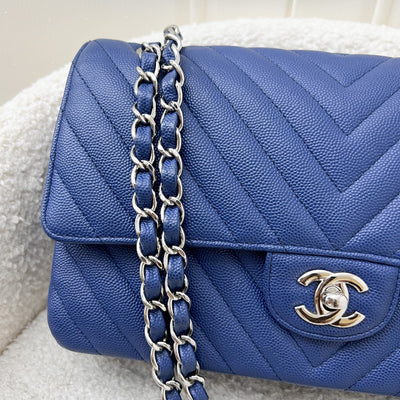 Chanel Medium Classic Flap CF in Chevron Quilted Blue Caviar and SHW