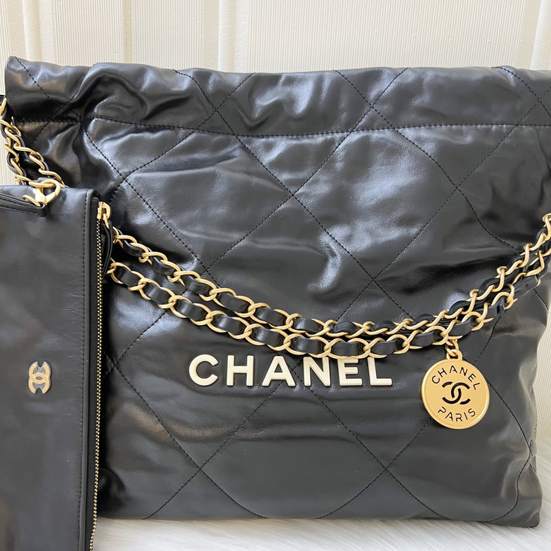 Chanel 22 Small Hobo Bag with White Logo in Black Calfskin GHW