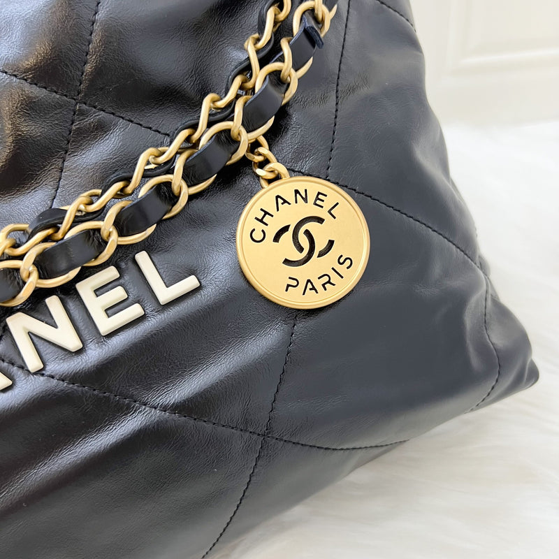 Chanel 22 Small Hobo Bag with White Logo in Black Calfskin GHW