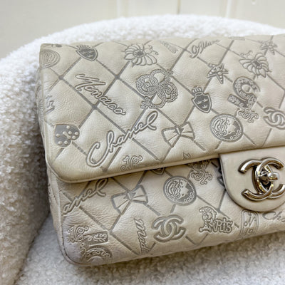 Chanel Medium Classic Flap CF with Embossed Charms in Ecru Calfskin SHW