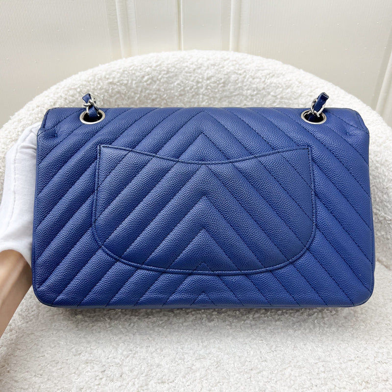 Chanel Medium Classic Flap CF in Chevron Quilted Blue Caviar and SHW