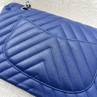 Chanel Medium Classic Flap CF in Chevron Quilted Blue Caviar and SHW