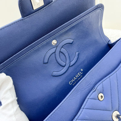 Chanel Medium Classic Flap CF in Chevron Quilted Blue Caviar and SHW