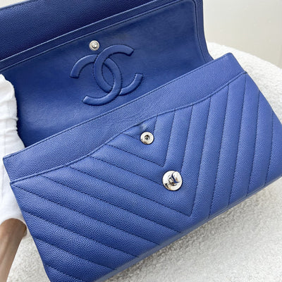 Chanel Medium Classic Flap CF in Chevron Quilted Blue Caviar and SHW