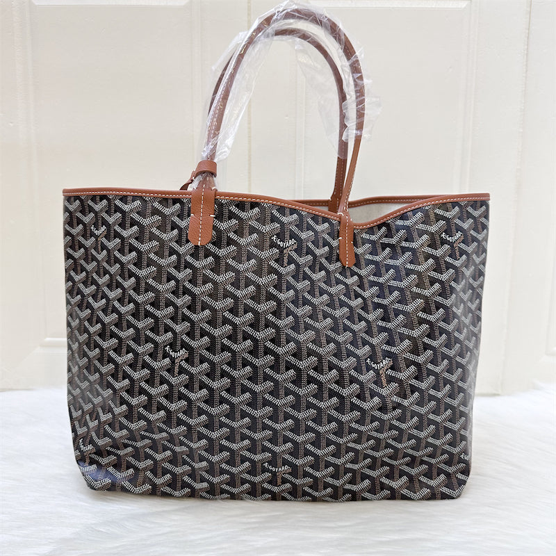 Goyard Saint Louis PM Tote in Black Signature Goyardine Canvas and Brown Trimming