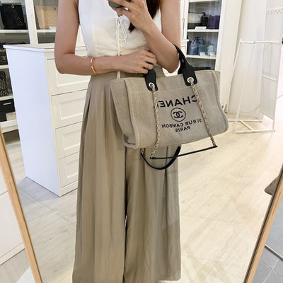 Chanel Small Deauville Tote in 22S Beige Fabric, Black Trim and Handles and LGHW