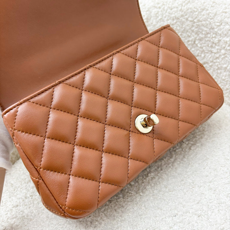 Chanel 23A Mini Rectangle Flap with Crystals Top Handle in Cognac Brown Lambskin and LGHW